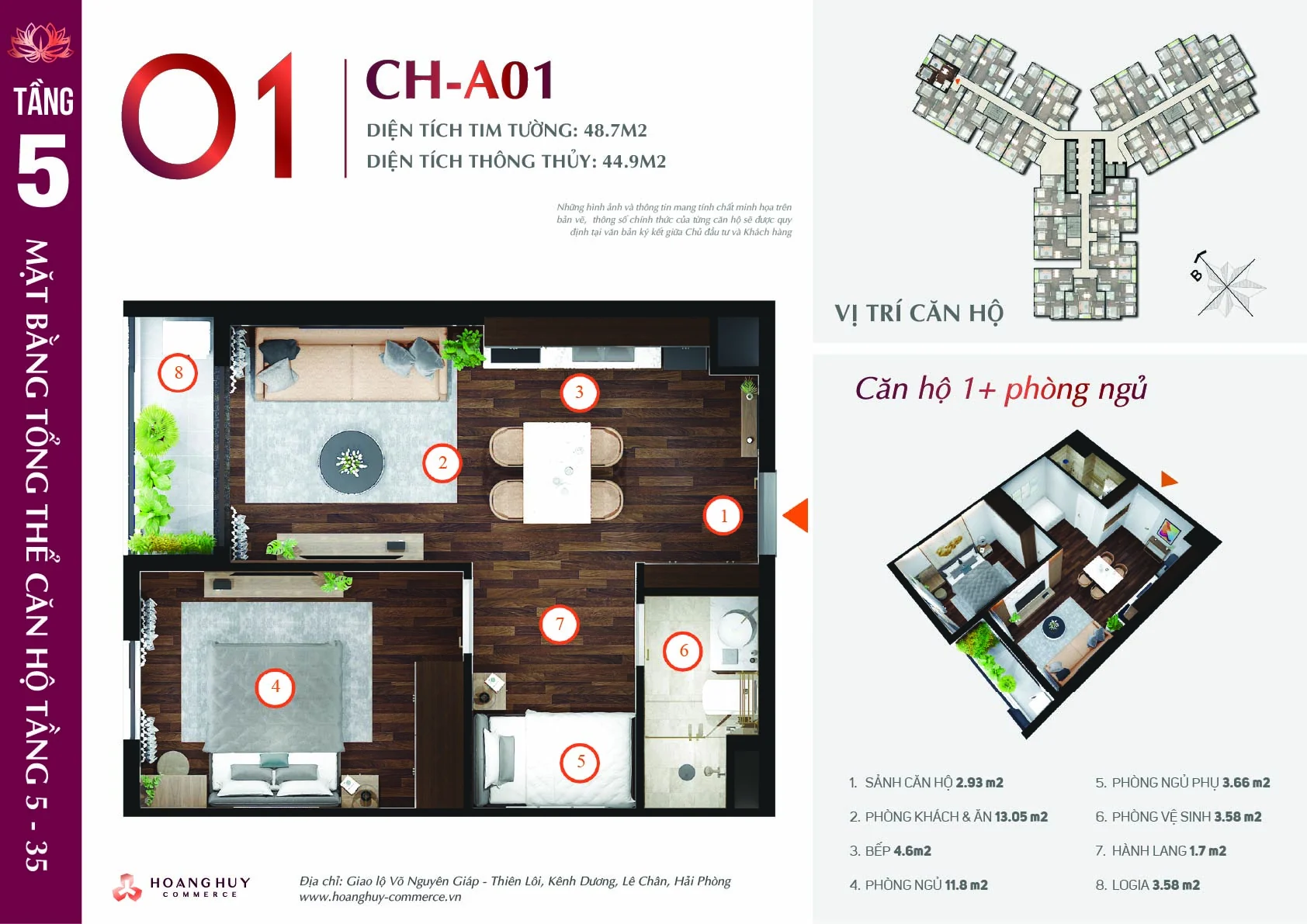 Mặt bằng căn hộ 1,5 phòng ngủ Hoàng Huy Commerce